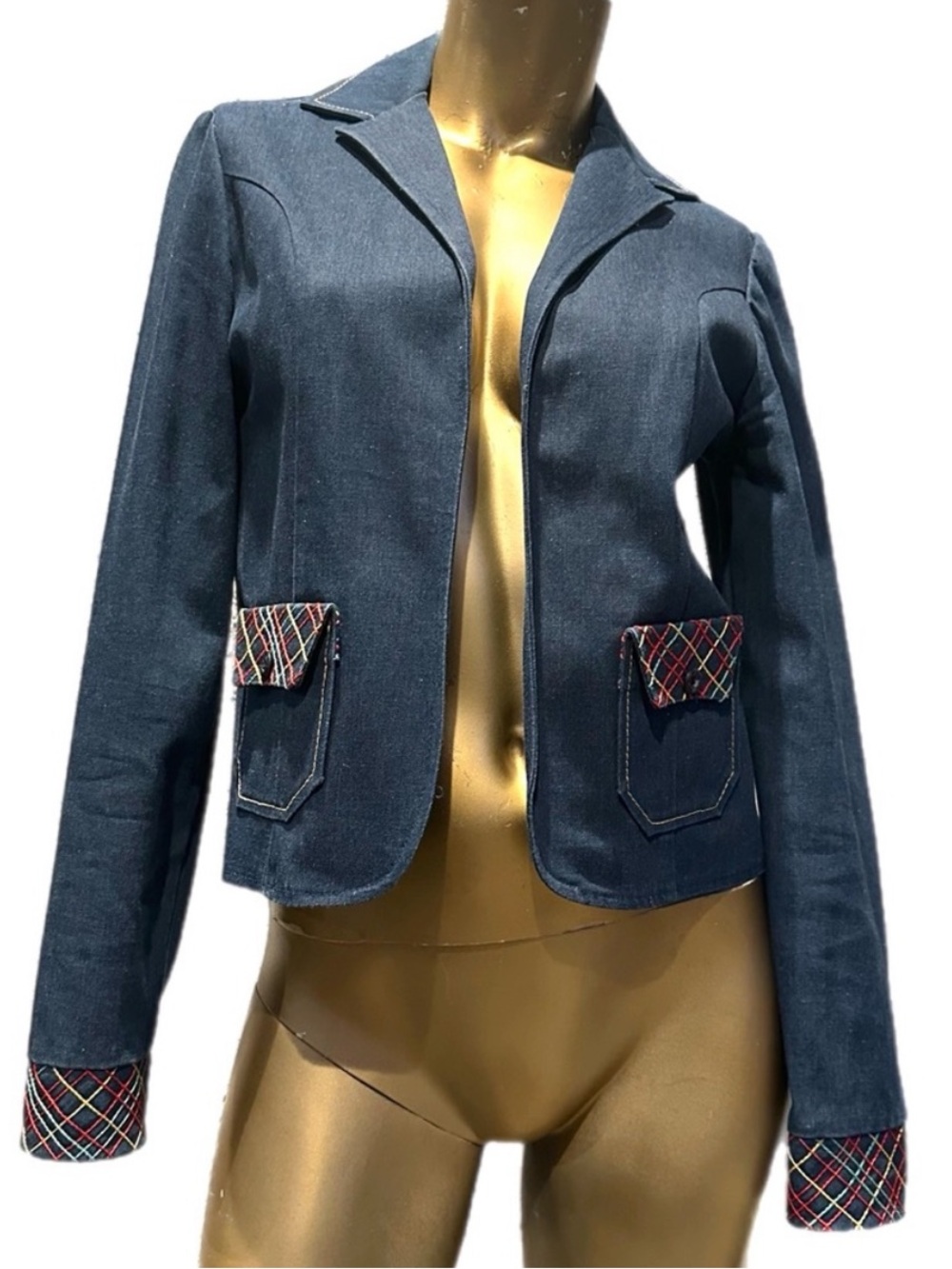 Vintage Ranch Rags Western Denim Open Front Tailored Jacket embroidered pockets